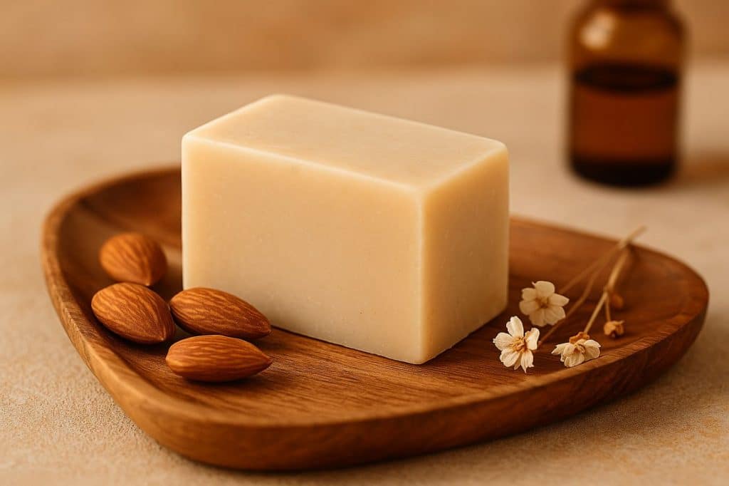 Pain de savon fait maison à l’huile d’amande douce posé sur un plateau naturel avec amandes