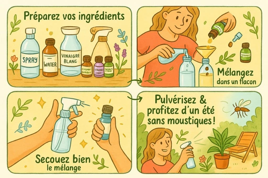 Illustration en 4 étapes de la fabrication d’un spray anti-moustique naturel à base de plantes et huiles essentielles