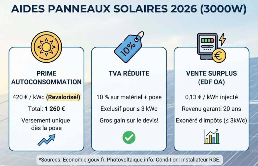 aides et subventions panneaux solaire en 2026 prime auto consommation revalorisée tva réduite 10% vente de surplus énergie électricité
