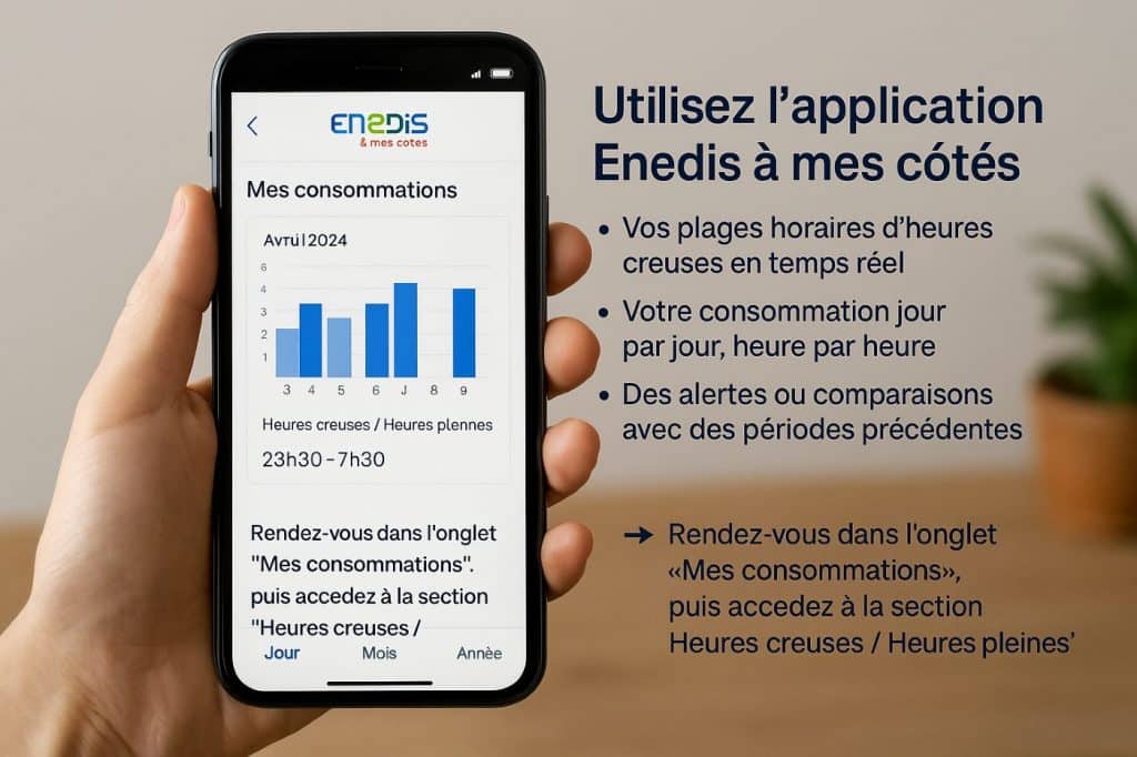 Main tenant un smartphone affichant l’application Enedis avec un graphique de consommation et les horaires heures creuses, accompagnée d’un texte explicatif sur les fonctionnalités de l’application.