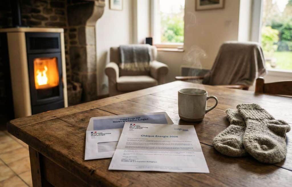 Lettre officielle du chèque énergie 2026 posée sur une table en bois dans une maison bretonne rénovée avec un poêle allumé en arrière-plan, illustrant le confort thermique.