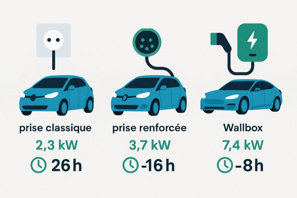 Infographie comparative des temps de recharge d’une voiture électrique selon le type de prise : classique, renforcée, et Wallbox, avec puissances et durées estimées