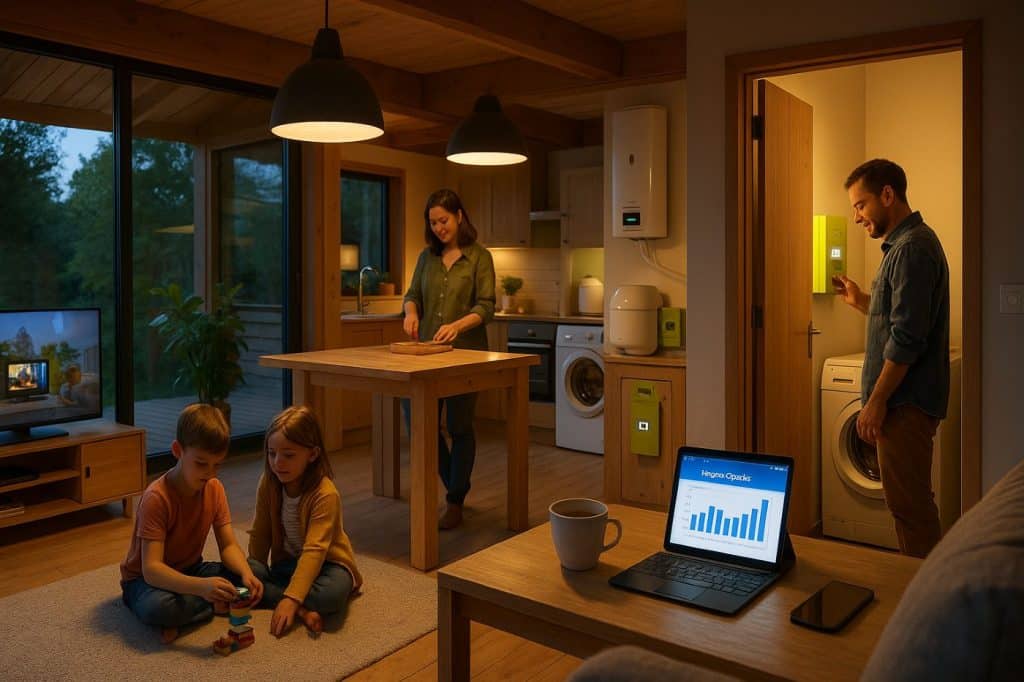 Famille avec deux enfants dans une maison bioclimatique moderne en soirée. Les parents gèrent les appareils électroménagers pendant que les enfants jouent, avec un compteur Linky visible et une application de suivi énergétique sur une tablette.