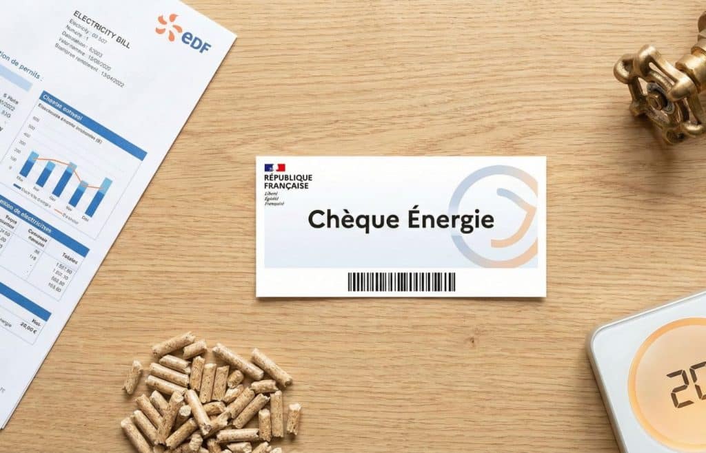 Vue de dessus montrant un chèque énergie entouré d'une facture d'électricité, de granulés de bois et d'un thermostat, illustrant les énergies éligibles au dispositif