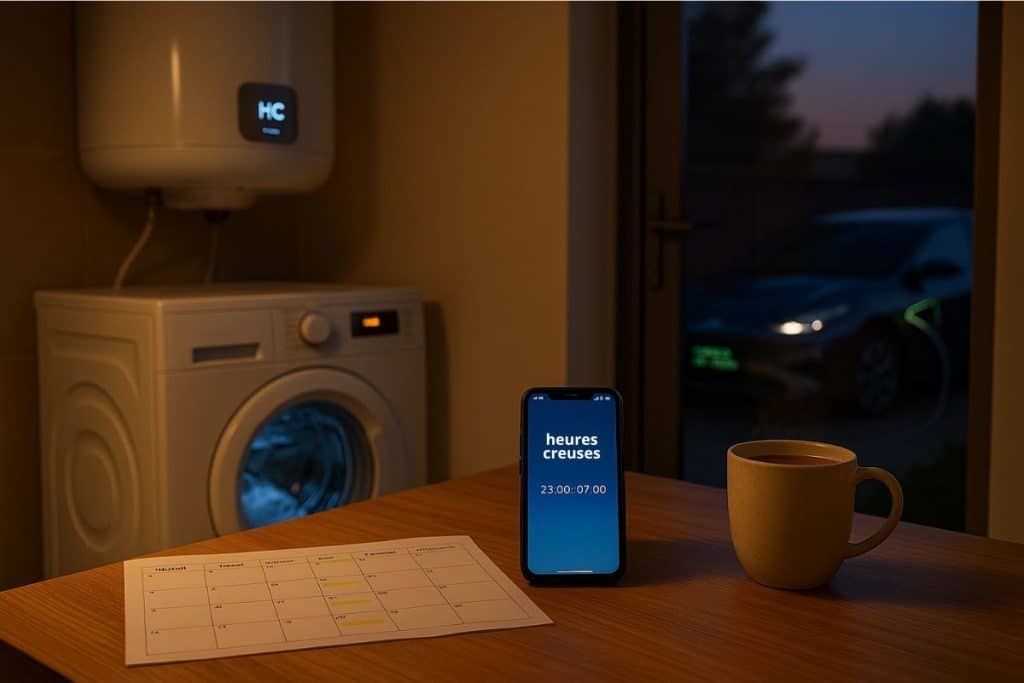 Intérieur de maison moderne en soirée avec lave-linge en marche, ballon d’eau chaude “HC”, smartphone affichant les heures creuses, et voiture électrique en charge.