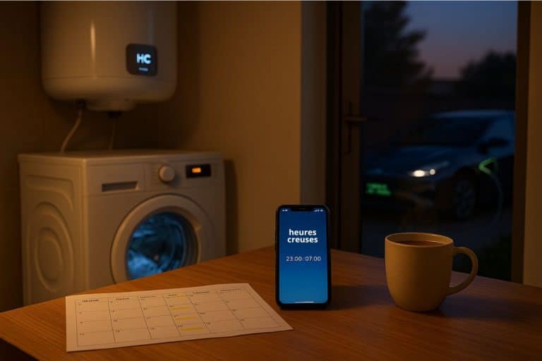 Intérieur de maison moderne en soirée avec lave-linge en marche, ballon d’eau chaude “HC”, smartphone affichant les heures creuses, et voiture électrique en charge.