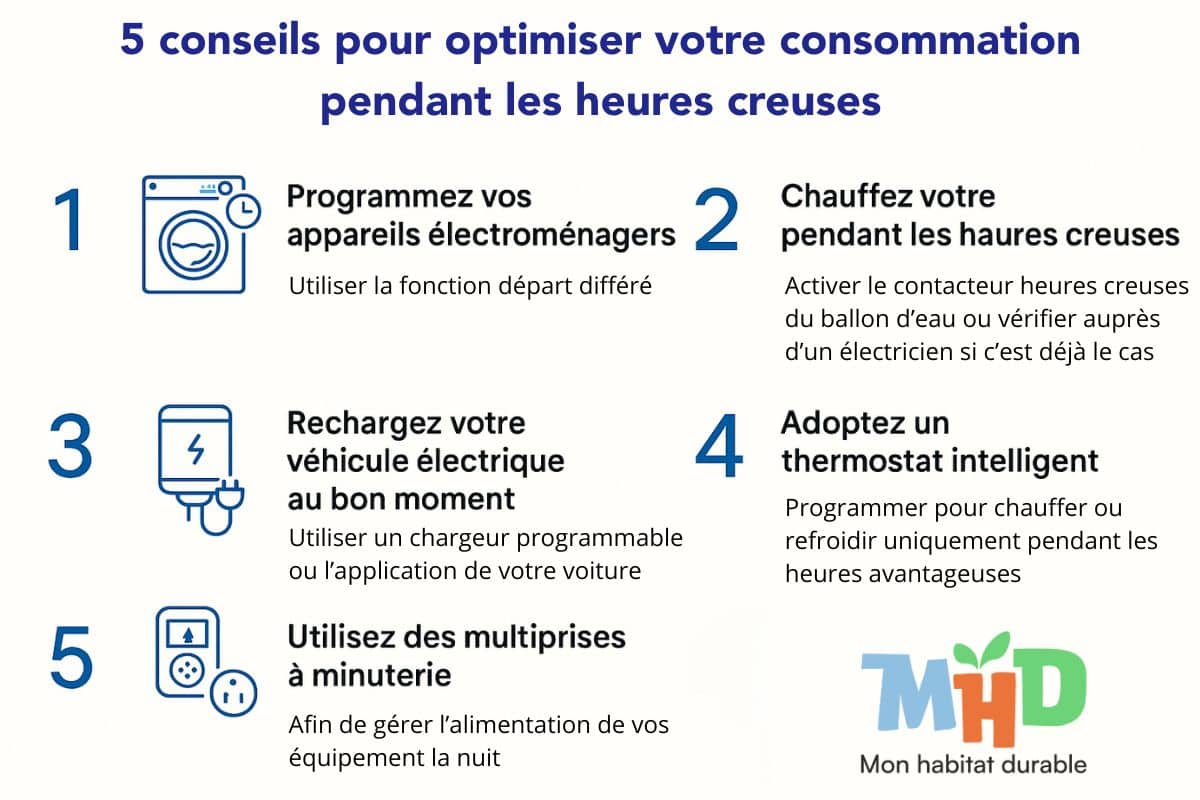 Infographie : 5 conseils pour optimiser sa consommation pendant les heures creuses en 2026 - programmation des appareils, chauffage de l’eau, recharge de voiture électrique, thermostat intelligent, multiprises à minuterie.