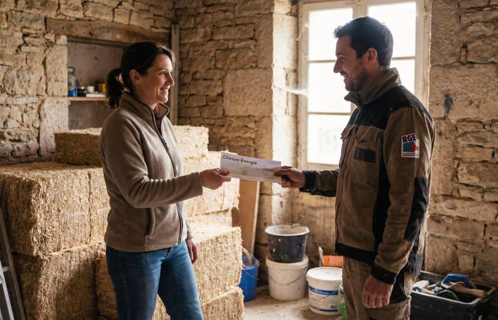 Une propriétaire remet son chèque énergie à un artisan certifié RGE sur un chantier d'isolation intérieure, pour financer ses travaux de rénovation énergétique.