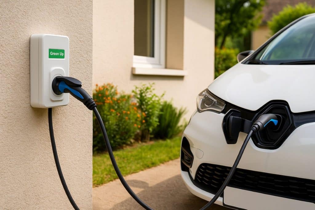 Recharge d’une voiture électrique via une prise renforcée Green’Up à domicile avec câble CRO, devant une maison résidentielle renault zoé blanche