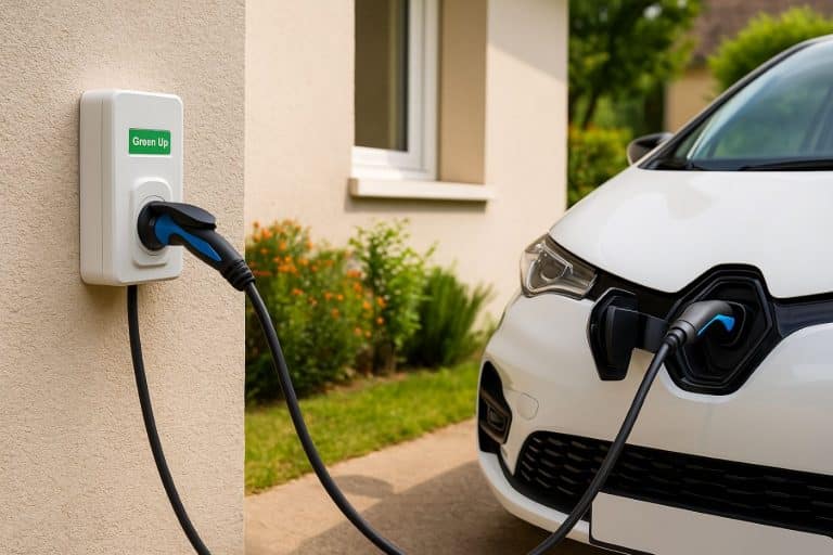 Recharge d’une voiture électrique via une prise renforcée Green’Up à domicile avec câble CRO, devant une maison résidentielle renault zoé blanche
