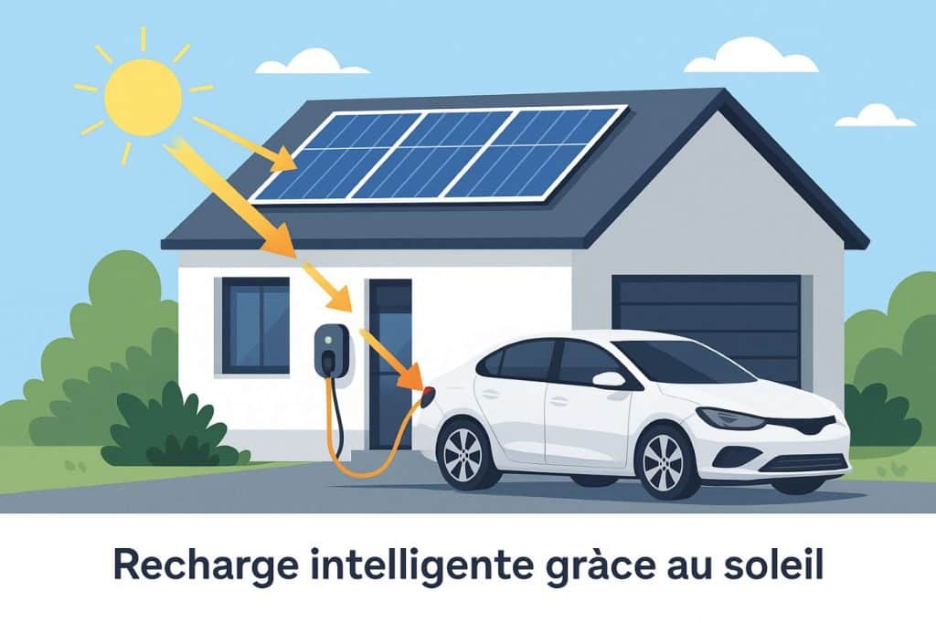 illustration d’une maison avec panneaux solaires alimentant une Wallbox pour recharger une voiture électrique, avec flèches montrant le flux d’énergie solaire