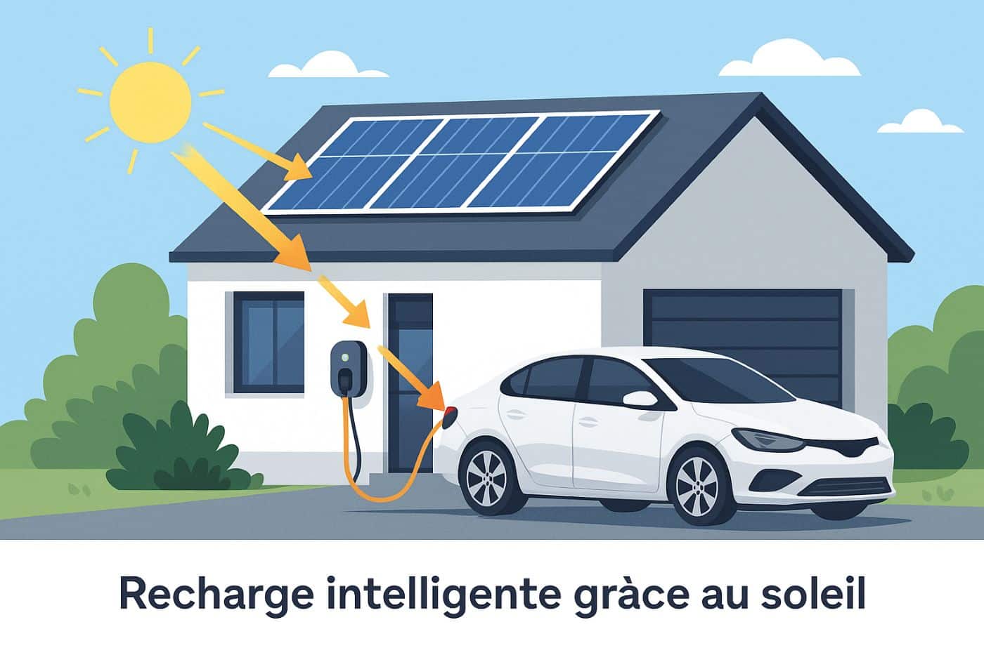 Borne de recharge solaire reliée aux panneaux d'une maison pour recharger une voiture électrique, flux d'énergie