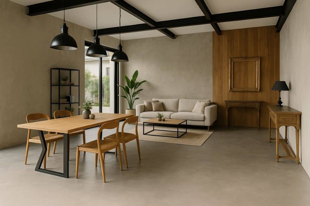 Salon lumineux avec sol en béton ciré gris, mobilier moderne, poutres métalliques noires, meubles en bois clair et baie vitrée donnant sur une terrasse