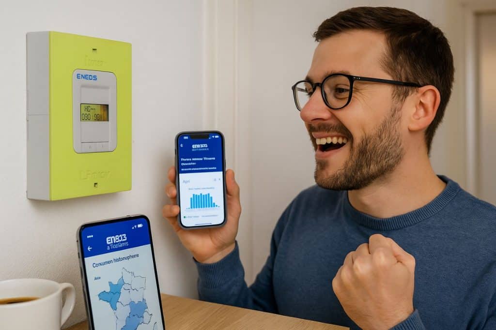 Homme souriant consultant son compteur Linky et l’application Enedis sur smartphone, réalisant des économies d’électricité grâce au suivi des heures creuses.