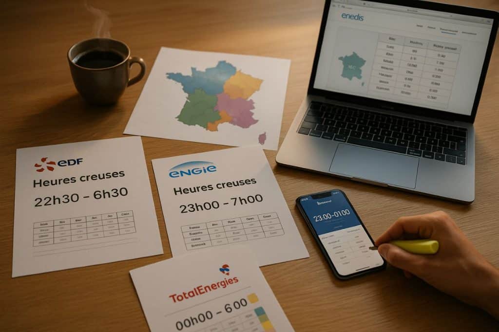 Documents EDF, Engie et TotalEnergies affichant des horaires heures creuses différents, carte de France colorée, site Enedis ouvert sur un ordinateur et smartphone avec application affichant les créneaux horaires