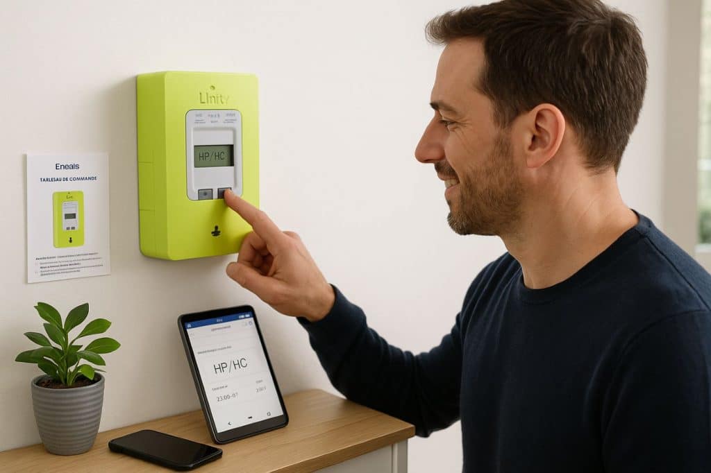 Homme souriant appuyant sur le bouton “+” de son compteur Linky pour afficher les heures pleines / heures creuses, avec une tablette, un smartphone et une notice à proximité.