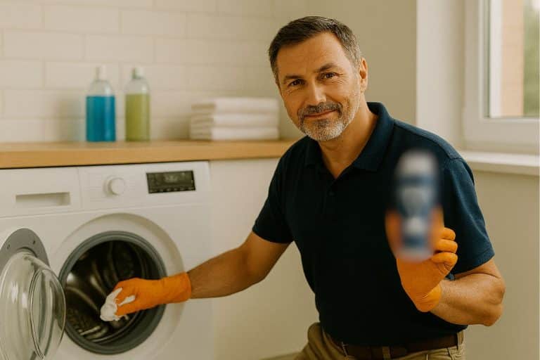damien réparateur machine à laver tient produit miracle dans sa main tambour éliminer moisissure