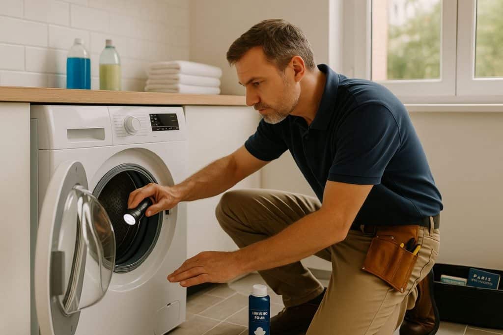 Damien réparateur inspecte une machine à laver pour montrer comment nettoyer le tambour efficacement