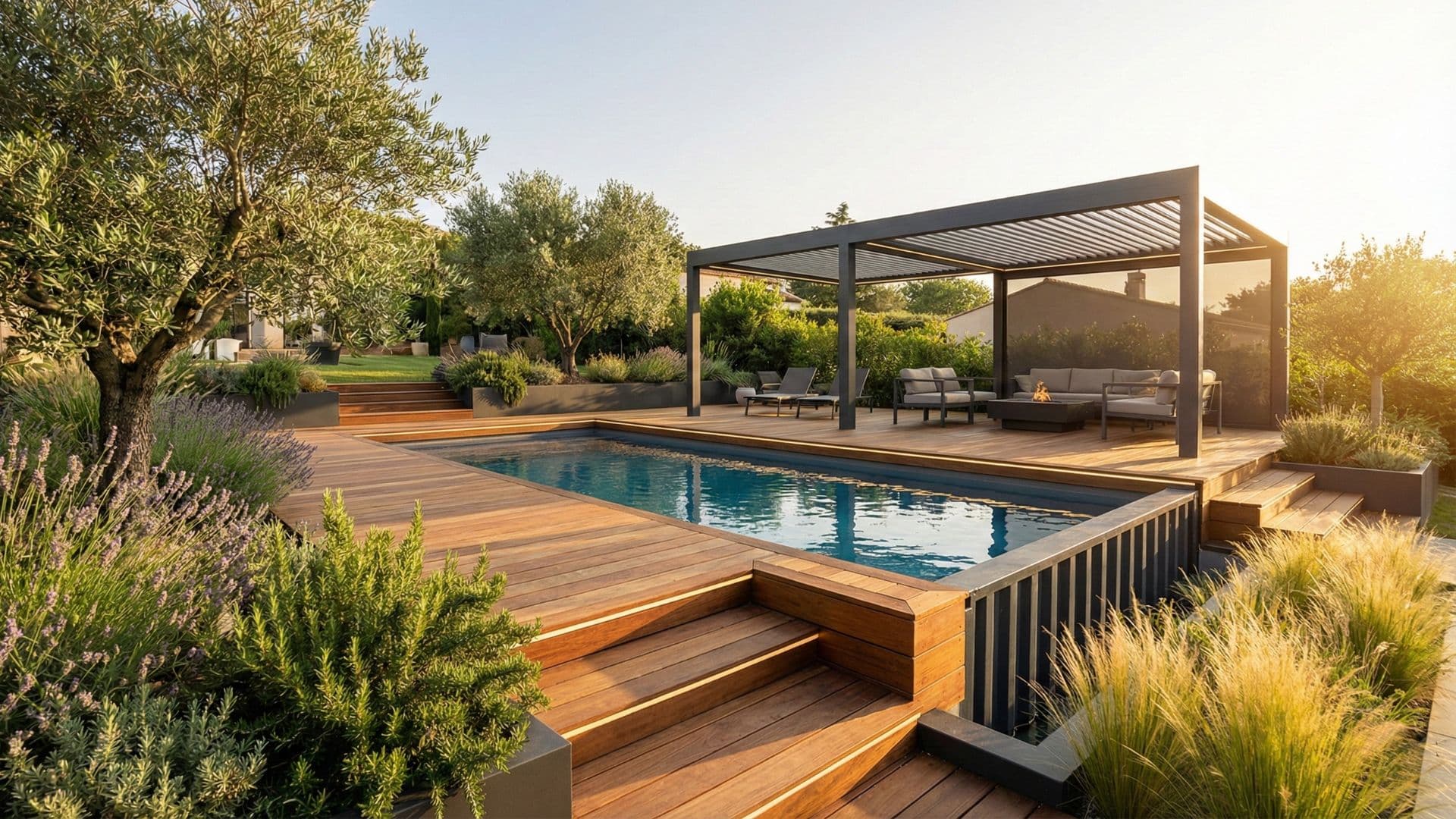 Amenagement piscine container terrasse bois pergola bioclimatique