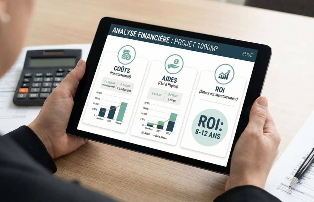 Gros plan sur une tablette affichant un tableau de bord financier pour un projet solaire de 1000m2, avec des sections détaillant les coûts d'investissement, les aides de l'État et de la région, et un retour sur investissement (ROI) estimé entre 8 et 12 ans