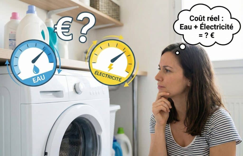 femme devant son lave-linge sur le coût réel d'un cycle de lavage, additionnant la consommation des compteurs d'eau et d'électricité.