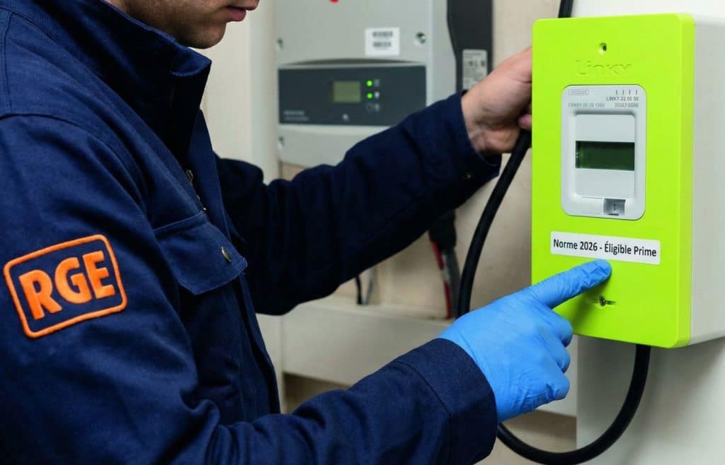 Technicien RGE raccordant une installation photovoltaïque sur un compteur Linky, condition obligatoire pour l'éligibilité à la prime 2026
