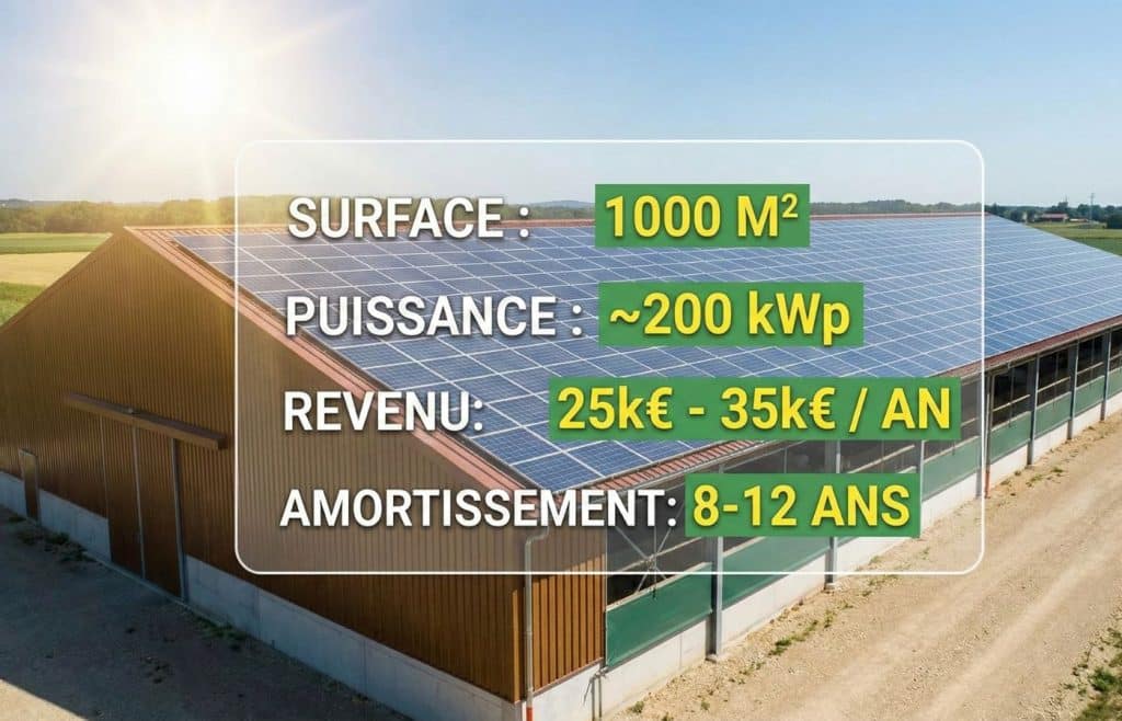 Infographie sur un toit agricole de 1000m2 avec panneaux solaires, affichant les chiffres clés de rentabilité : surface, puissance de 200 kWp