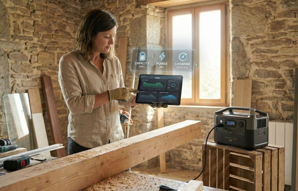 elise Durant analysant les caractéristiques techniques (Wh, Watts) pour bien choisir sa station d'énergie.