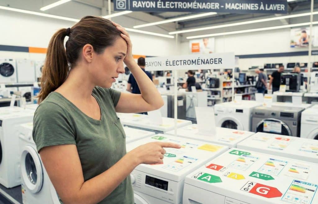confuse face aux nombreuses étiquettes énergie, tente de choisir un lave-linge dans un rayon d'électroménager.