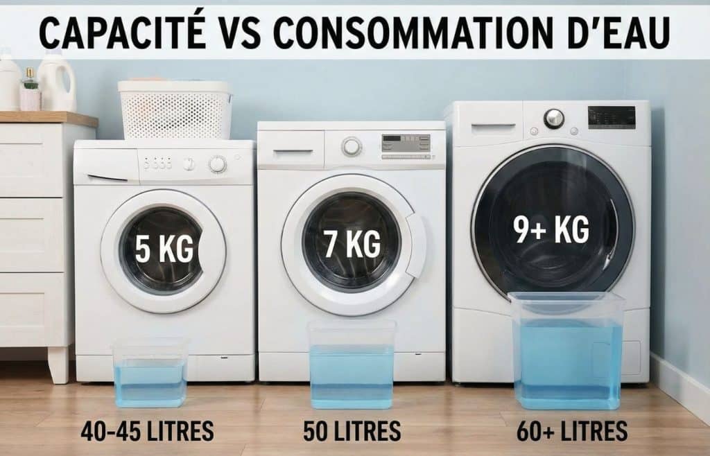 Infographie comparant la capacité du tambour de trois machines à laver (5kg, 7kg, 9+kg) à leur consommation d'eau moyenne par cycle (40-45L, 50L, 60+L), illustrée par des bacs d'eau de différentes tailles.