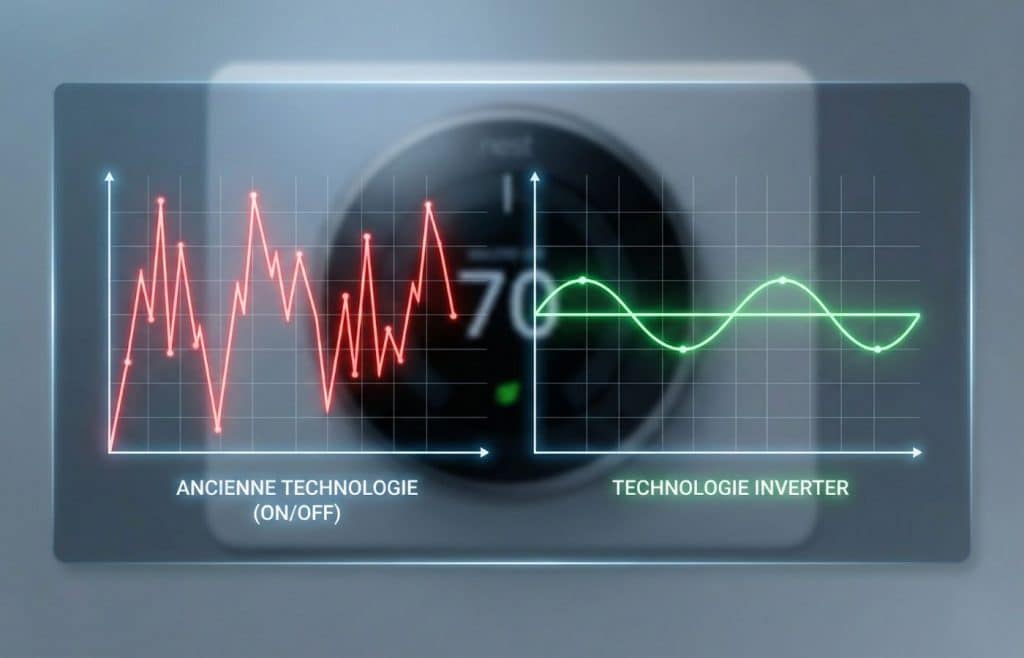 Graphique comparant la consommation énergétique instable d'une clim classique (On/Off) face à la stabilité économique de la technologie Inverter.