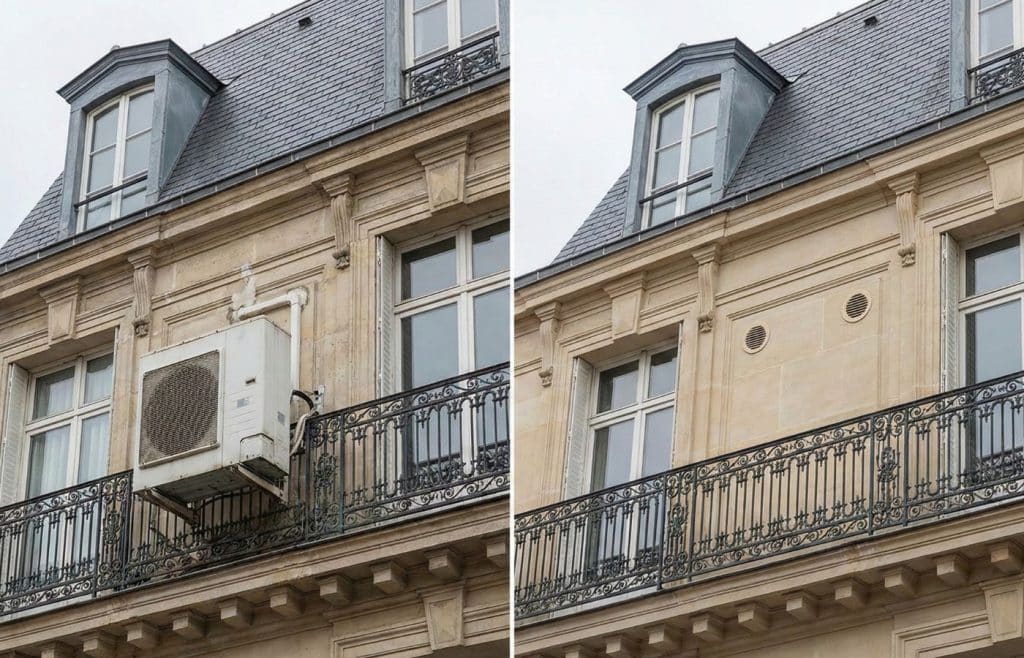 Comparaison avant/après sur une façade ancienne : à gauche une unité extérieure disgracieuse, à droite des grilles de climatisation monobloc invisibles façade haussmannienne paris balcon filant