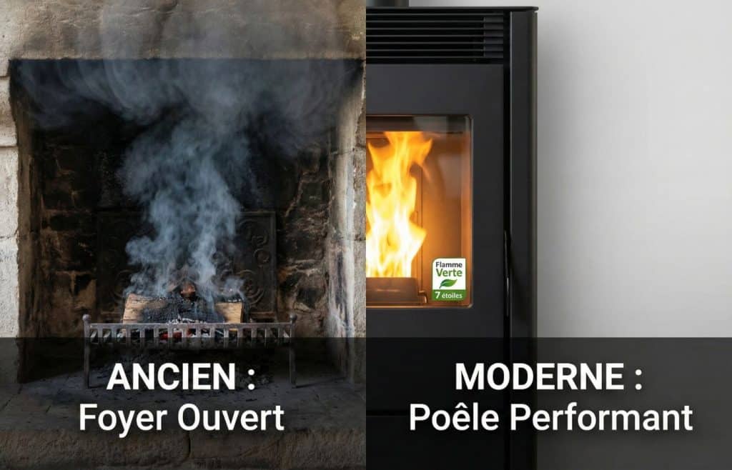 Comparaison visuelle entre une vieille cheminée à foyer ouvert et un insert moderne à haut rendement