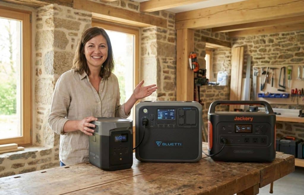 Elise Durant présentant un comparatif des meilleures batteries nomades pour la rénovation de sa maison.ecoflow bluetti