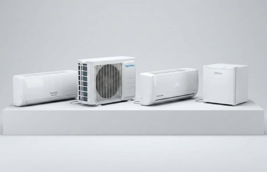 Présentation côte à côte des climatiseurs monoblocs Olimpia Splendid, Optimea, Izi Clim et Qlima.