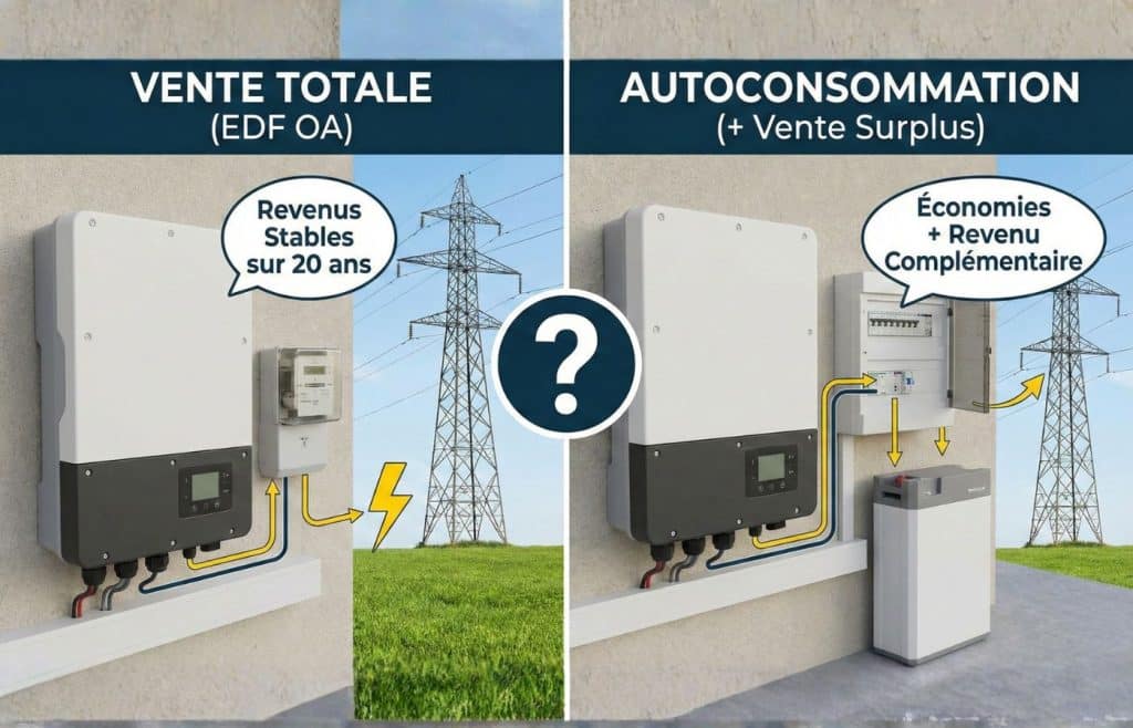 Image divisée en deux illustrant les deux stratégies solaires : à gauche, la Vente Totale avec un onduleur et un compteur EDF pour des revenus stables ; à droite, l'Autoconsommation avec un onduleur, une batterie et un tableau électrique pour des économies et un revenu complémentaire.