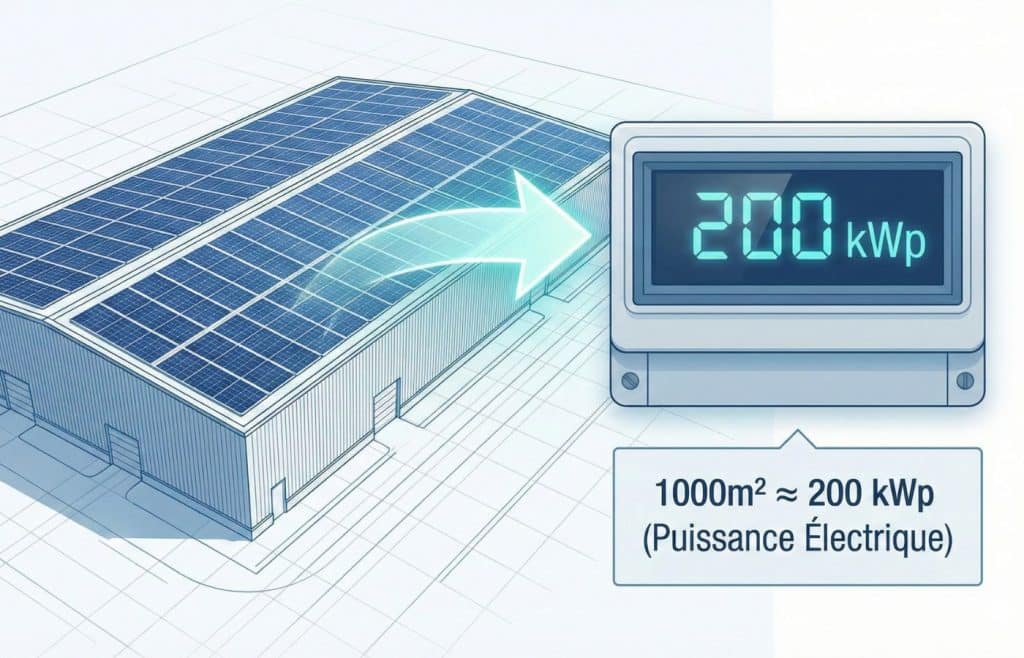 Illustration technique montrant une toiture de 1000m2 de panneaux solaires reliée à un compteur électrique affichant une puissance de 200 kWp