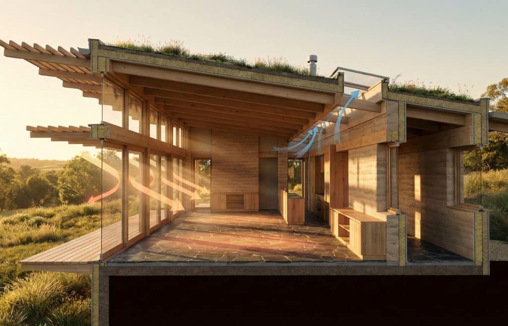 Coupe transversale d'une maison bioclimatique montrant les flux d'énergie passive : rayons du soleil d'hiver chauffant un sol en pierre (inertie) et circulation d'air naturelle.