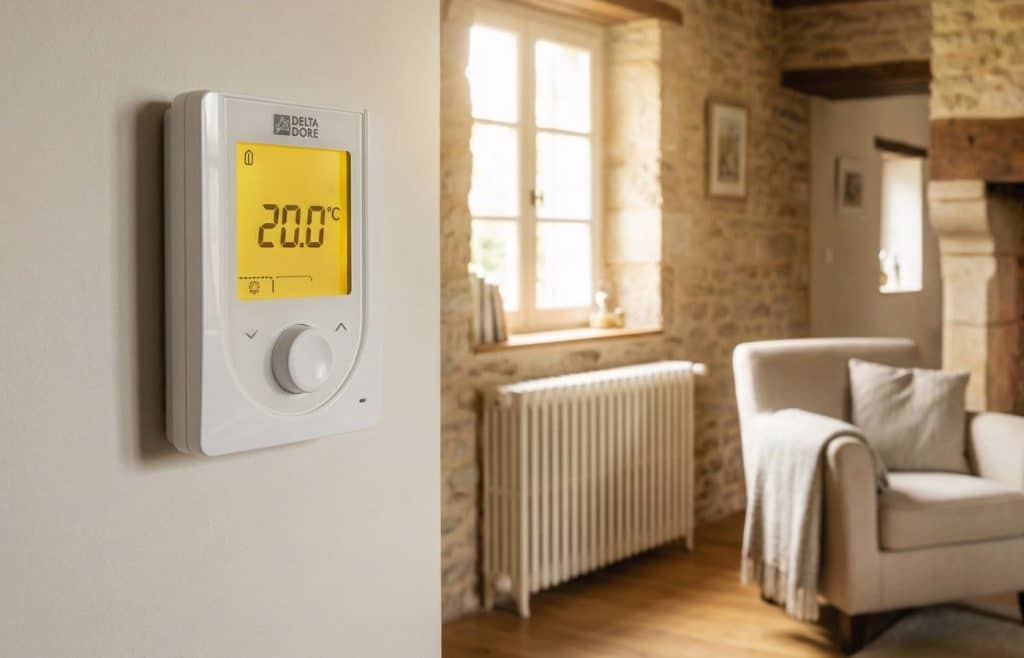 Le thermostat sans fil Delta Dore Tybox installé dans un intérieur chaleureux, une solution de fabrication française choisie par Élise Durant pour sa simplicité et sa robustesse.