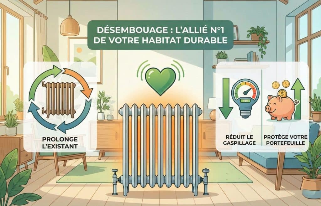 Illustration des bénéfices du désembouage de radiateur pour un habitat durable : réduction du gaspillage énergétique, prolongation de la durée de vie de la chaudière et économies sur la facture de chauffage