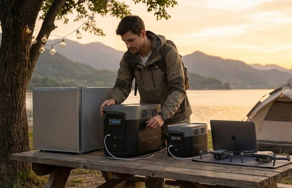 tations d'énergie EcoFlow Delta (2000W) et EcoFlow River pour l'autonomie électrique camping exterieur tente alimentations homme