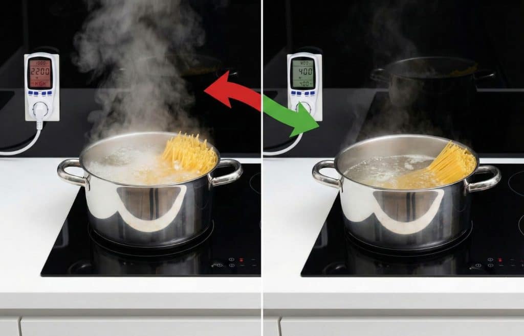 Comparaison de consommation électrique : le gaspillage d'une ébullition forte (2200W) face à l'efficacité d'une cuisson à feu doux (400W) sur plaque induction.