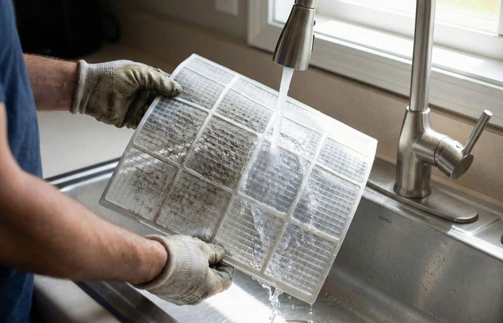 Nettoyage facile à l'eau du filtre d'un climatiseur monobloc pour assurer sa longévité. filtre passé sous l'eau