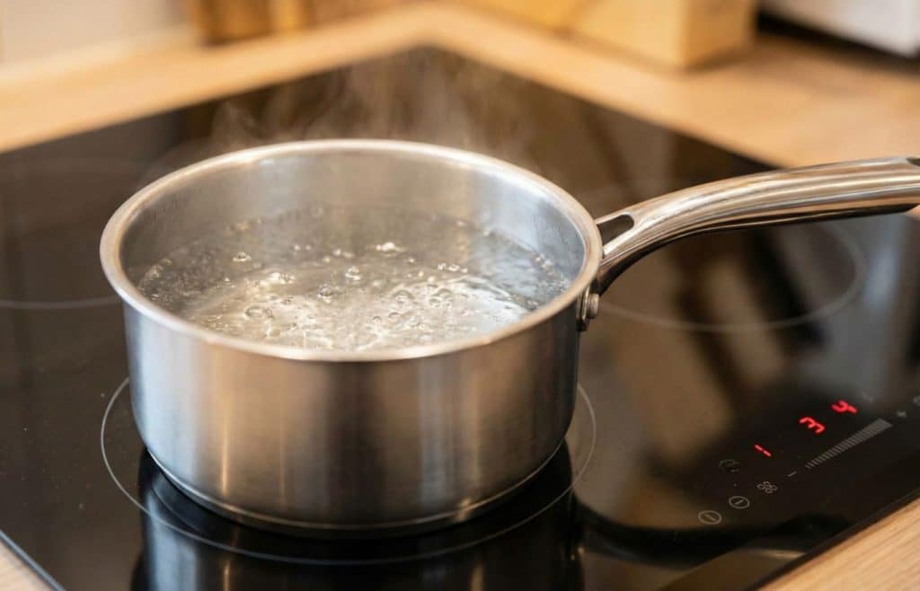 Casserole d'eau frémissante sur une plaque à induction réglée à feu doux (80-90°C).