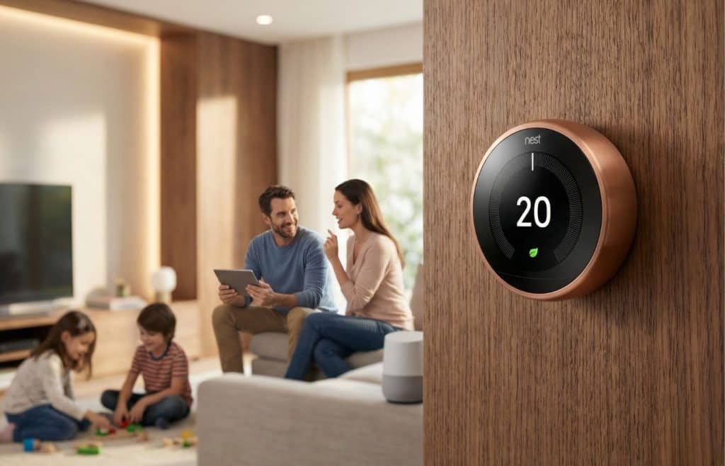 Gros plan sur le thermostat connecté Google Nest Learning en finition cuivre, installé sur un mur en bois dans un salon moderne où une famille se détend, illustrant le confort d'une maison intelligente.