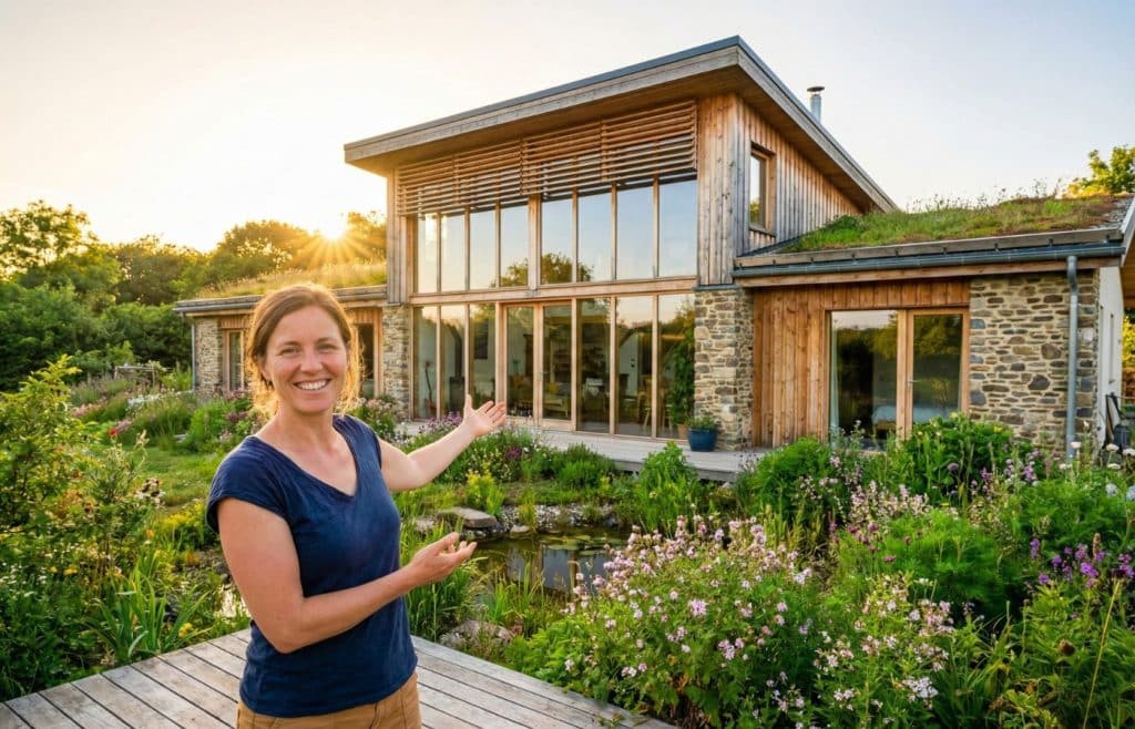guide maison bioclimatique avec Elise Durant devant un habitat écologique moderne au soleil couchant présentation jardin écologique