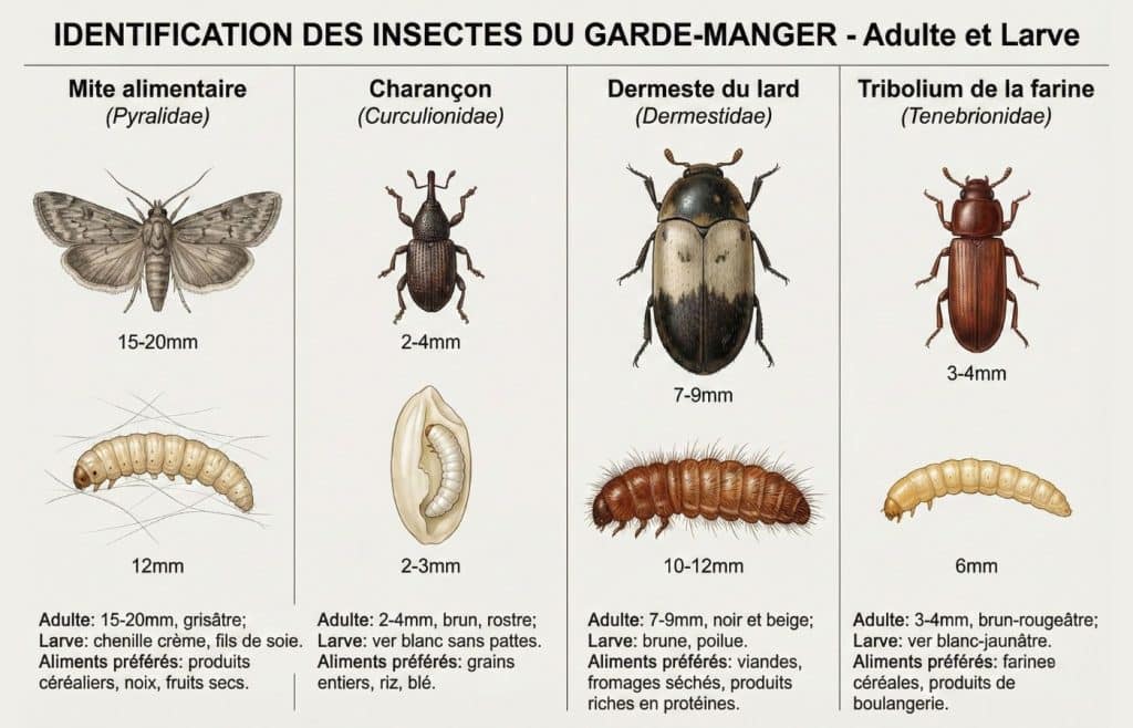 Planche comparative des insectes du garde-manger : adulte et larve de mite alimentaire, charançon, dermeste du lard et tribolium de la farine avec caractéristiques.