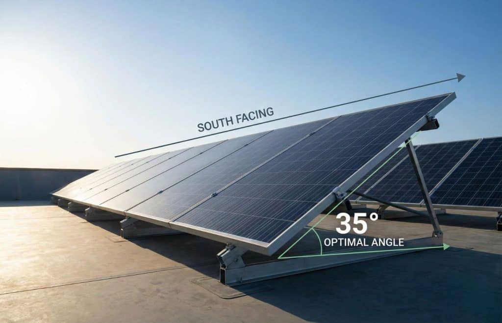 Panneau solaire orienté plein sud avec une inclinaison de 35 degrés pour optimiser le rendement photovoltaïque annuel toit plat installation