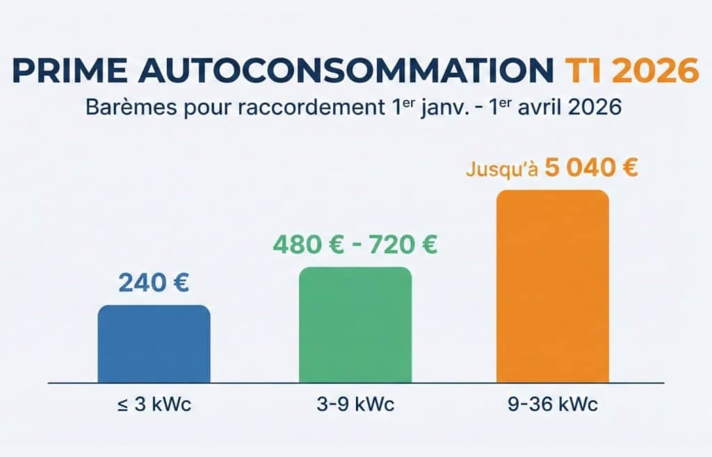Graphique des barèmes de la prime à l'autoconsommation T1 2026 : 240€ pour 3kWc, jusqu'à 720€ pour 9kWc et 5040€ pour 36kWc