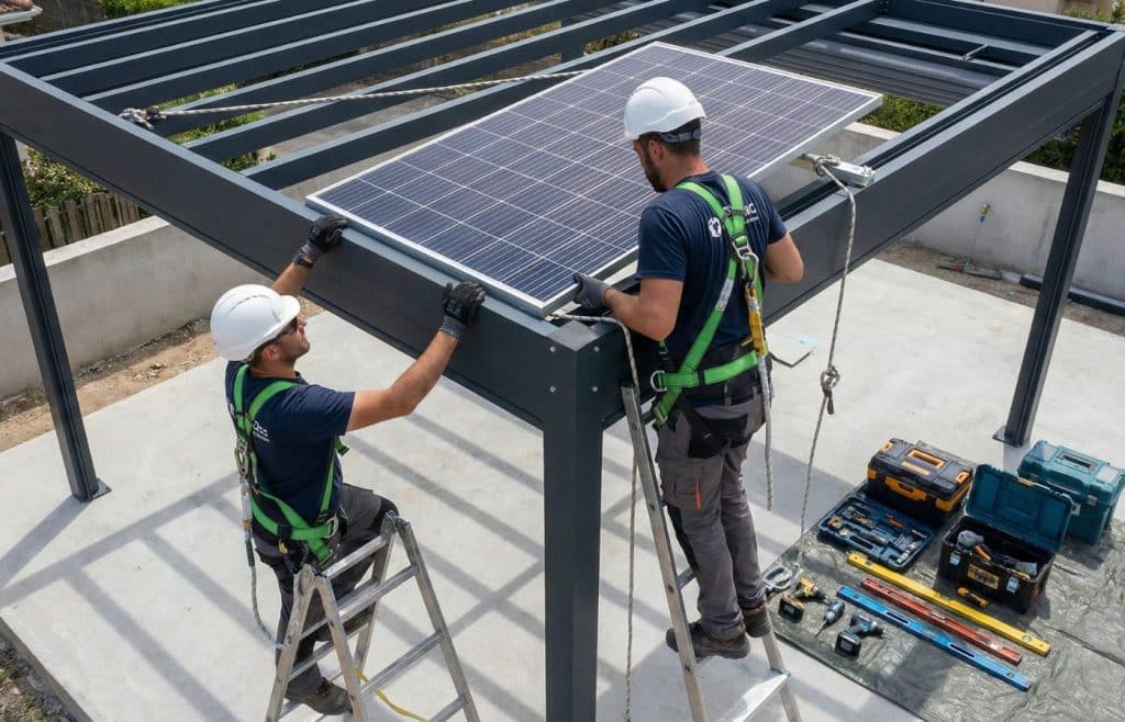 Équipe de professionnels installant des panneaux photovoltaïques sur la structure en aluminium d'une pergola solaire.